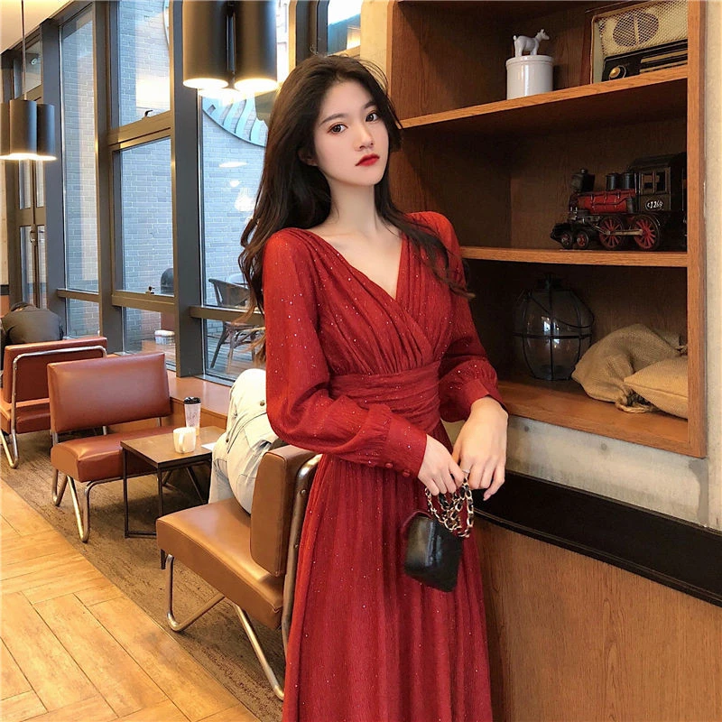 Robe mi longue brillante à manches longues et col en V pour femmes, robe trapèze, soirée élégante, rouge, noir, rose, ro